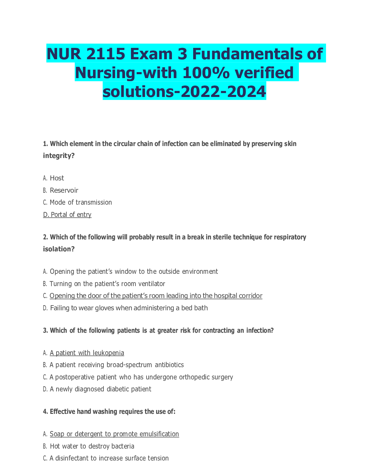 NUR 2115 Exam 3 Fundamentals of Nursingwith 100 verified solutions